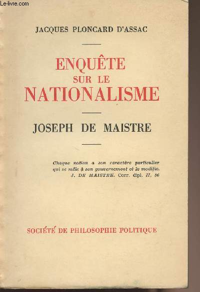 Enqute sur le nationalisme - Joseph de Maistre