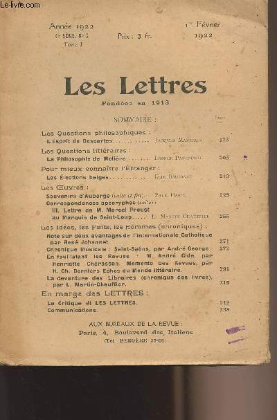 Les lettres - fondes en 1913 - Anne 1922 4e srie n2 - Tome 1 - Fvrier 1922
