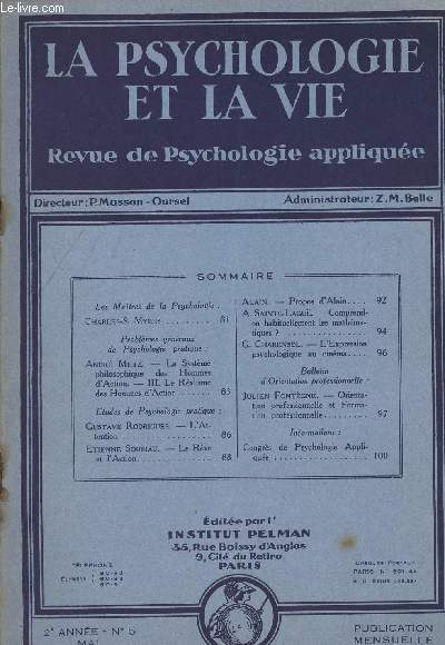La psychologie et la vie - Revue de psychologie applique - 2e anne - n5 Mai 1928