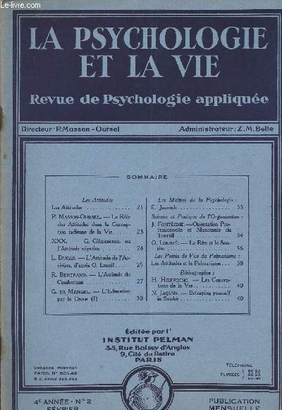 La psychologie et la vie - Revue de psychologie applique - 4e anne n2 fvrier 1930