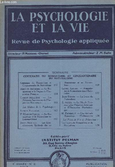 La psychologie et la vie - Revue de psychologie applique - 4e anne n8 Aot 1930
