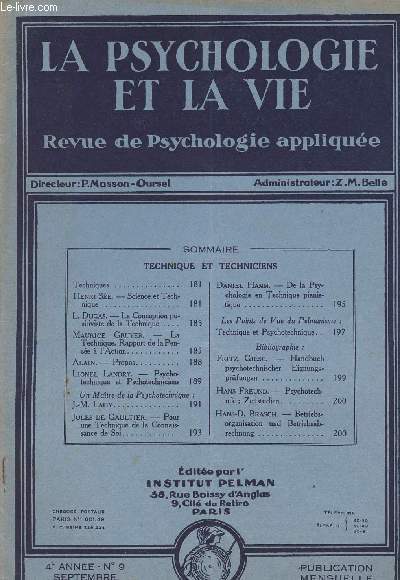 La psychologie et la vie - Revue de psychologie applique - 4e anne n9 sept 1930