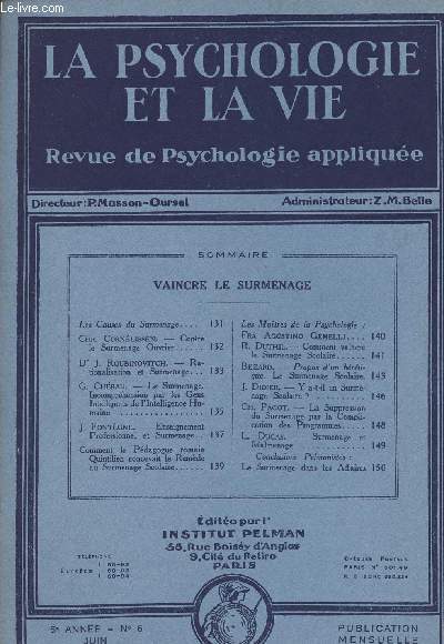 La psychologie et la vie - Revue de psychologie applique -5 anne n6 juin 1931
