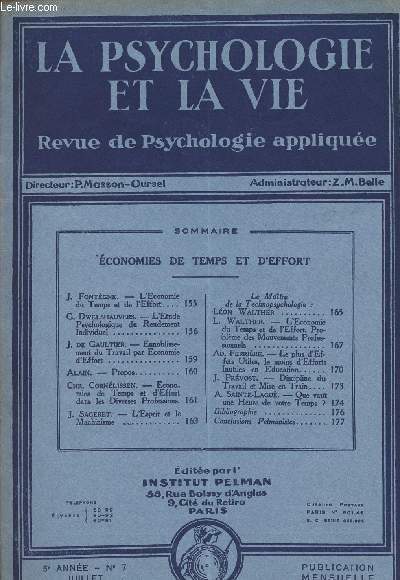 La psychologie et la vie - Revue de psychologie applique - 5e anne n7 juillet 1931