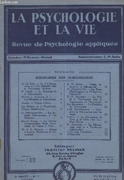 La psychologie et la vie - Revue de psychologie applique -6e anne n1 janvier 1932