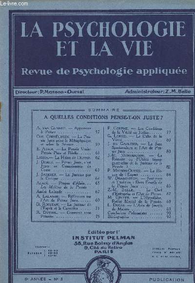 La psychologie et la vie - Revue de psychologie applique - 6e anne n3 Mars 1932