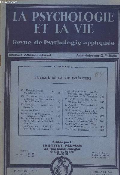 La psychologie et la vie - Revue de psychologie applique - 6e anne n7 juillet 1932