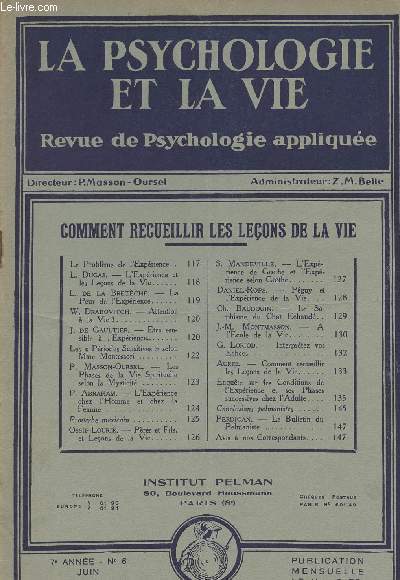 La psychologie et la vie - Revue de psychologie applique - 7e anne n6 juin 1933