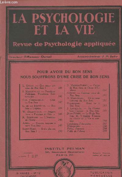 La psychologie et la vie - Revue de psychologie applique - 8e anne n12 dcembre 1934