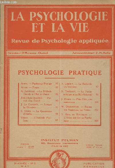 La psychologie et la vie - Revue de psychologie applique - 9e anne n5 mai 1935