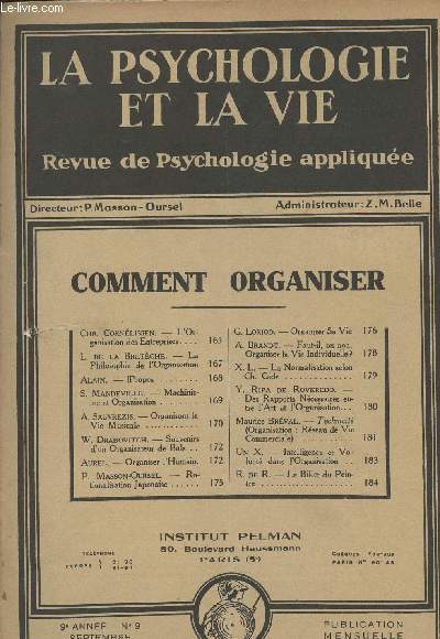 La psychologie et la vie - Revue de psychologie applique - 9e anne n9 septembre 1935