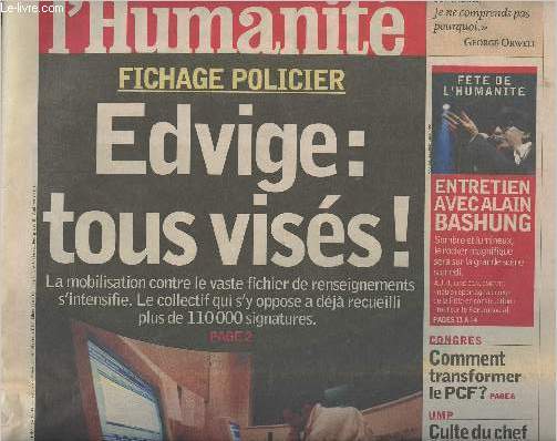 L'Humanit - Lundi 8 septembre 2008 n19882 - Fichage policier - Edvige : tous viss !