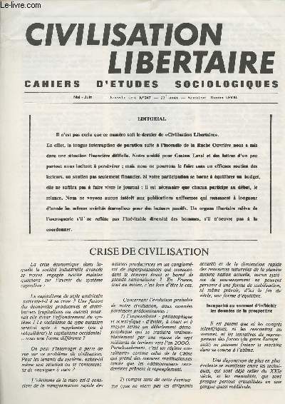Civilisation libertaire - Cahiers d'tudes sociologiques - Mai-juin Nouvelle srie n247 23e anne