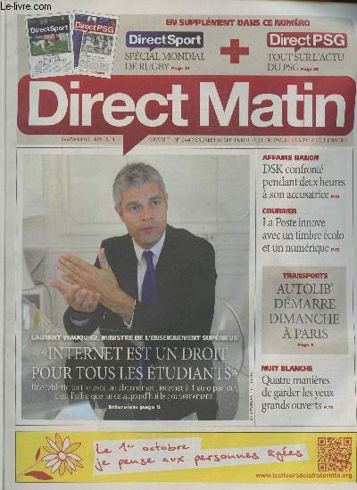 Direct Matin - n944 vendredi 30 septembre 2011 - Laurent Wauquiez, ministre de l'enseignement suprieur - 