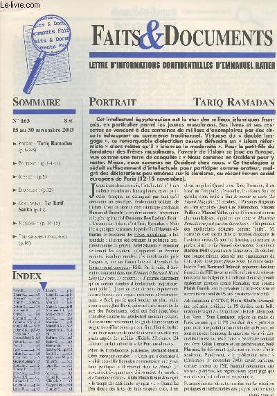 Faits & Documents - Lettres d'informations confidentielles d'Emmanuel Ratier - n163 15 au 30 novembre 2003