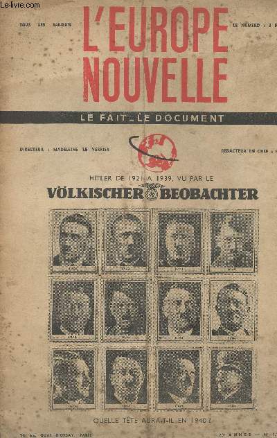 L'Europe nouvelle - Le fait-le document - Hitler de 1921  1939, vu par le Vlkischer Beobachter - Quelle tte aura-t-il en 1940? - 23e anne, n1145 - 20 janvier 1940