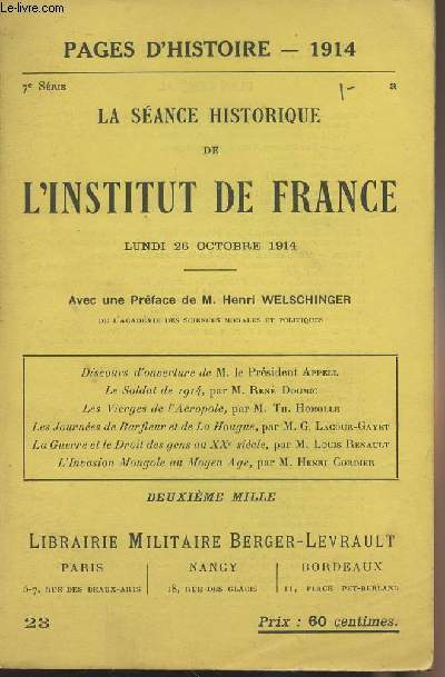 Pages d'Histoire - 1914 - N23 - La sance historique de l'Institut de France Lundi 26 octobre 1914
