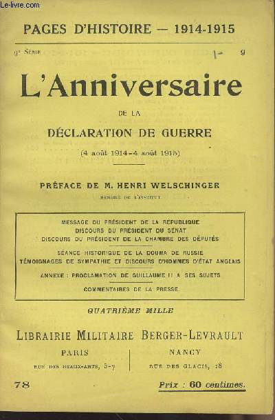 Pages d'Histoire - 1914-1915 N78 L'anniversaire de la dclaration de guerre (4 aot 1914 - 4 aot 1915)