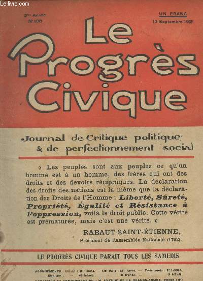 Le Progrs Civique - Journal de critique politique & de perfectionnement social - 3e anne n108 - Pour Otto Friedrichs - Les fcheux - Comment aurions-nous d nous comporter  l'gard de la dmocratie allemande? - La Banque de France se met  tricher !..