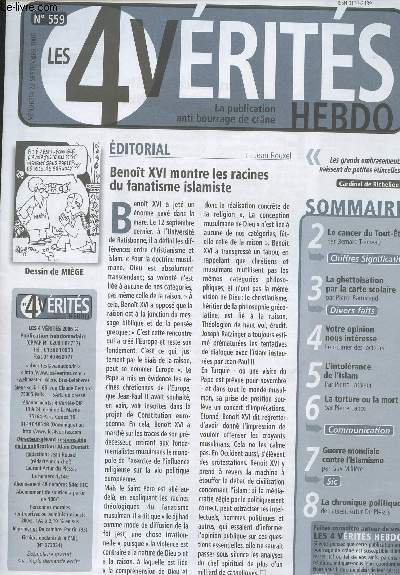 Les 4 vrits hebdo n559 - La publication anti bourrage de crne - Le cancer du tout-tat - La ghettosation par la carte scolaire - L'intolrance de l'Islam - La torture ou la mort - Guerre mondiale contre l'islamisme - La chronique politique