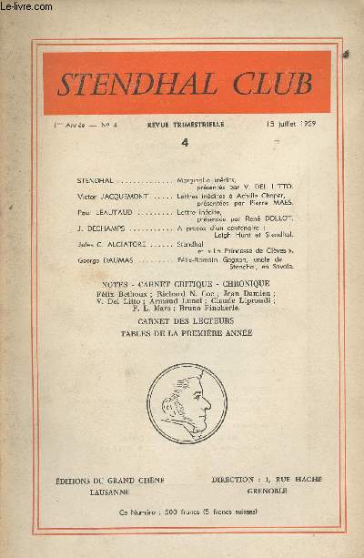 Stendhal Club - 1re anne n4 - Marginalia indits - Lettres indites  Achille Chaper - A propos d'un centenaire: Leigh Hunt et Stendhal - Stendhal et 