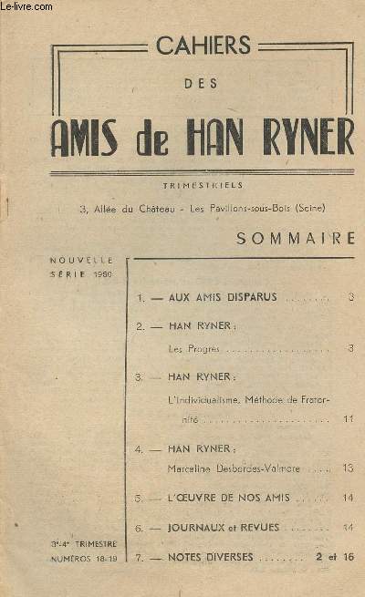 Cahiers des Amis de Han Ryner n18-19 - Les progrs - L'individualisme, mthode de fraternit - Marceline Desbordes-Valmore