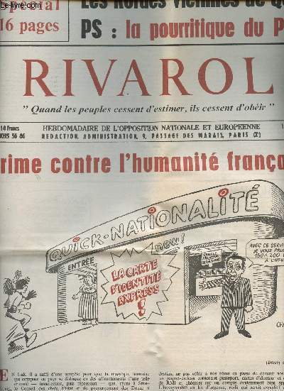 Rivarol, hedbomadaire de l'opposition nationale et europen n2053 12 avril 1991 - Crime contre l'humanit franais - Les Kurdes victimes de qui ? - PS : la pourritique du Pre - Louis-Ferdinand Cline, le chroniqueur extra-lucide de ce sicle