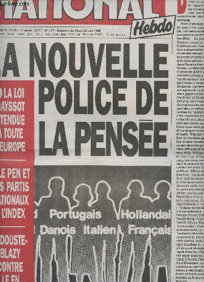 National Hebdo n617 semaine du 16 au 22 mai 96 - La nouvelle police de la pense - La loi Gayssot tendue  toute l'Europe - Le Pen et les partis nationaux  l'index - Douste-Blazy contre le FN - Avignon: la faillite - Elkabbach rend l'antenne !