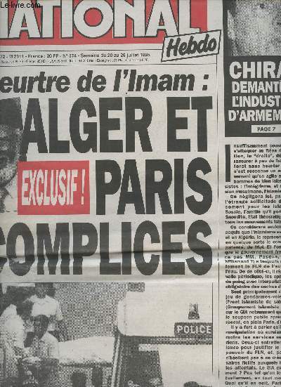 National Hebdo n574 semaine du 20 au 26 juil. 95 - Meurtre de l'Imam: Alger et Paris complices - Chirac dmantle l'industrie d'armement - Le test de l't: tes vous 
