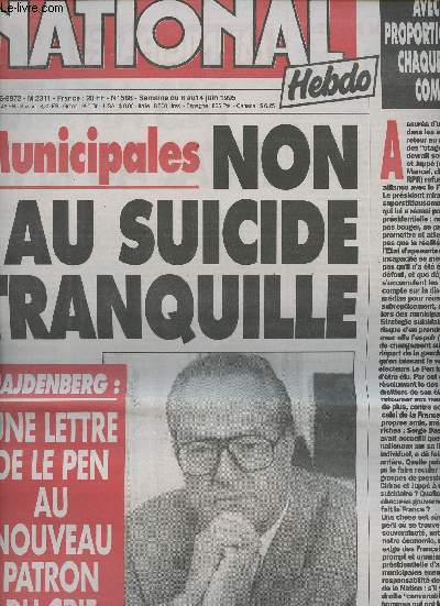 National Hebdo n568 semaine du 8 au 14 juin 95 - Municipales: non au suicide tranquille, Hajdenberg: une lettre de Le Pen au nouveau patron du Crif - Crack: le flau s'tend en France - Affaires: le RPR menac aux municipales - Dollar: ses fluctuations..