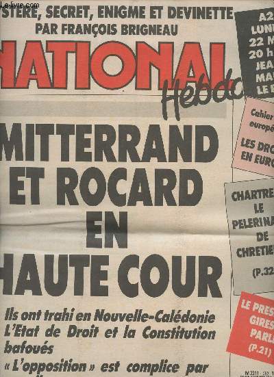 National Hebdo n252 semaine du 18 au 24 mai 89 - Mitterand et Rocard en Haute Cour - Mystre, secret, nigme et devinette par Franois Brigneau - Chartres: le plerinage de chrtiente - Le prsident Giresse parle