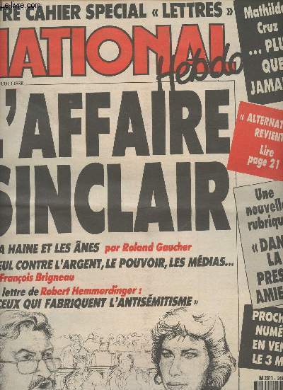 National Hebdo n249 semaine du 27 avril au 1er mai 89 - L'affaire Sinclair, La haine et les nes, Seul contre l'argent, le pouvoir, les mdias.., La lettre de Robert Hemmerdinger:
