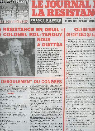 Le journal de la rsistance n1140-1141 setp. oct. 2002 - La rsistance en deuil: le Colonel Rol-Tanguy nous a quitt - 