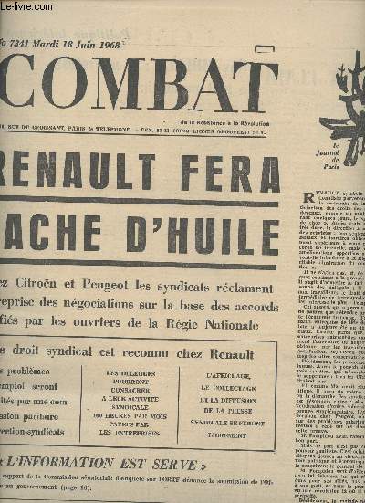 Combat, de la Rsistance  la Rvolution n7341 mardi 15 juin 68 - Renault fera tache d'hule - Le droit syndical est reconnu chez Renault - 