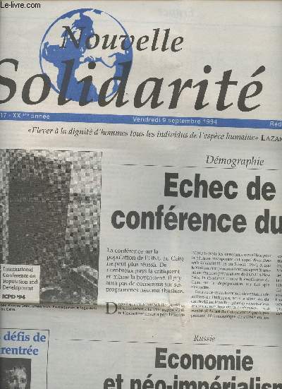 Nouvelle Solidarit n17 - XXe anne vend. 9 sept. 94 - Dossier: ceux qui promurent Hitler - Dmographie: Echec de la confrence du Caire - Russie: Economie et no-imprialisme - Rwanda: les manoeuvres mortelles des services secrets britanniques ...
