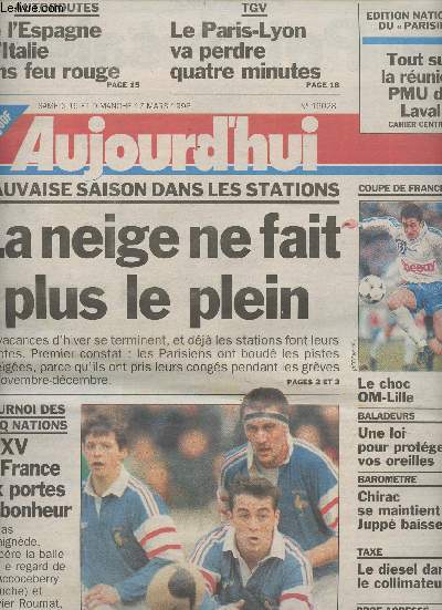 Aujourd'hui n 16028 sam. 16 et dim. 17 mars 96 - Mauvaise saison dans les stations, la neige ne fait plus le plein - Tournoi des 5 nations: Le XV de France aux portes du bonheur - Chirac se maintient, Jupp en baisse...