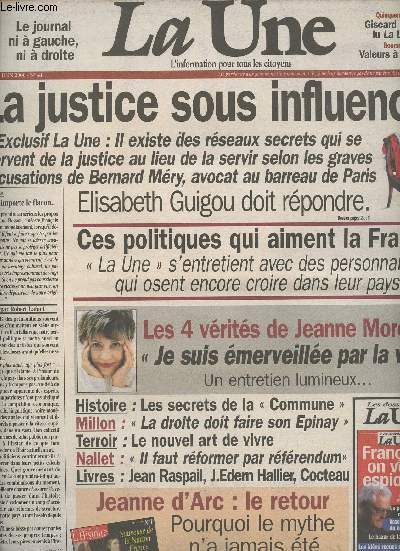 La Une de l'actualit n41 juin 2000 - La justice sous influence - Ces politiques qui aiment la France - Les 4 vrits de Jeanne Moreau - Historie: les secrets de la 