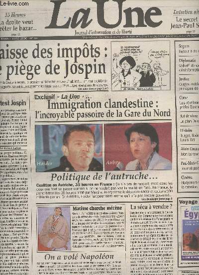 La Une de l'actualit n38 mars 2000 - Baisse des impts: le pige de Jospin - Immigration clandestine: l'incroyable passoire de la Gare du Nord, Politique de l'autruche - Seguin: retour  de Gaulle - Volkoff dnonce la dsinformation