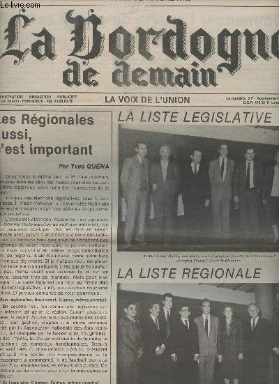La Dordogne de Demain - La voix de l'union n2, 24e anne fv. 86 - La liste lgislatives - Les Rgionales aussi, c'est important - La liste rgionale - Attention le 16 mars 1 seul tour - 2 votes union de l'opposition