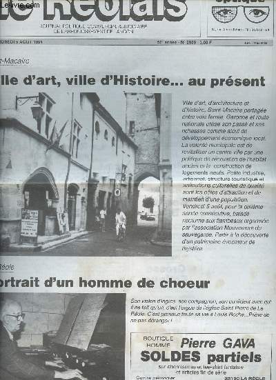 Le Rolais, Journal politique, commercial & judiciaire de l'arrondissement de Langon n2909 50e anne vend. 5 aot 94 - Saint-Macaire, ville d'art, ville d'histoie... au prsent - Portrait d'un homme de choeur - Incomplet