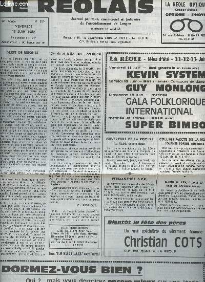 Le Rolais, Journal politique, commercial & judiciaire de l'arrondissement de Langon n2271 38e anne vend. 11 juin 82 - Droit de rponse - Ouverture de la piscine, La mairie communique - Collge mixte de La Role, journe portes ouvertes