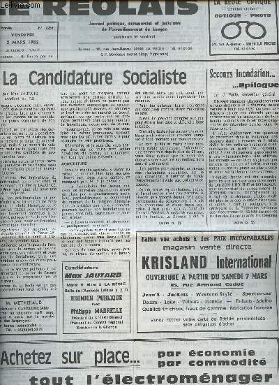 Le Rolais, Journal politique, commercial & judiciaire de l'arrondissement de Langon n2254 38e anne vend. 5 mars 82 - La Candidature Socialiste - Secours inondation..Epilogue