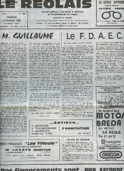 Le Rolais, Journal politique, commercial & judiciaire de l'arrondissement de Langon n2251 38e anne vend. 19 fv. 82 - M. Guillaume - Le F.D.A.E.C. par Jean Pauly