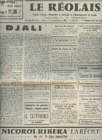 Le Rolais, Journal politique, commercial & judiciaire de l'arrondissement de Langon n1589 32e anne vend. 5 sept. 75 - Djali - Rentre des classes - Le 6, 7 et 8 sept. 75 ftes du Rouergue  La Role - Caisse d'Assurance Vieillesse Artisanale