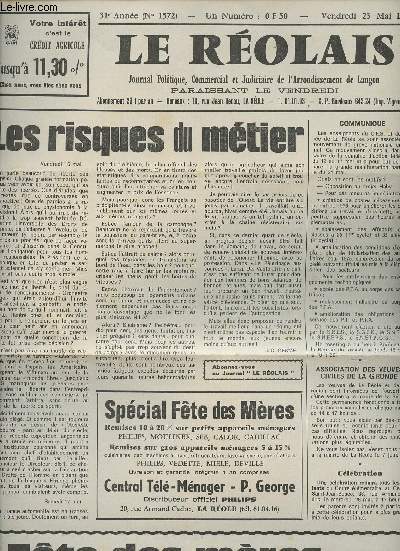 Le Rolais, Journal politique, commercial & judiciaire de l'arrondissement de Langon n1572 31e anne vend. 23 mai 75 - Les risques du mtier - Association des veuves civiles de la Gironde