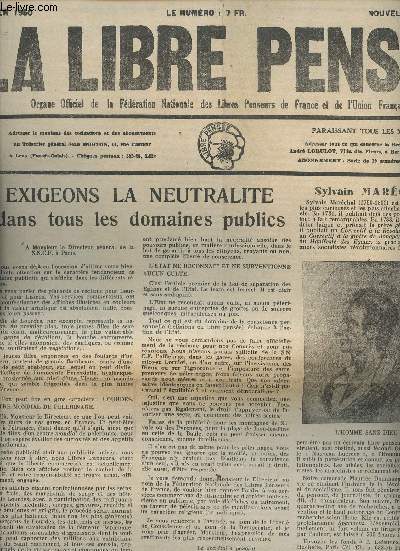La Libre Pense n44, nouvelle srie fv. 50 - Exgigeons la neutralit dans tous les domaines publics - Sylvain Marchal - En cutant Radio-Vatican...- Contre l'cole du mensonge - Un grand penseur: Anatole France - La richesse de l'glise