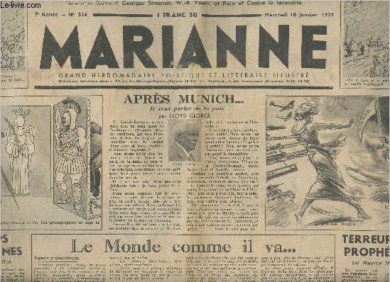 Marianne n326 7e anne merc. 18 janv. 39 - Aprs Munich je veux parler de la paix par Lloyd George - Temps d'trennes - Le monde comme il va... - Terreurs et prophties - Histoire d'une cole primaire par Mario Roustan