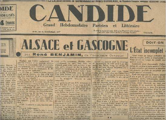 Candide, Grand Hebdo parisien et littraire n815 16e anne 25 oct. 39- Courrier de Guerre - Alsace et Gascogne par Ren Benjamin - Doit-on le dire ? L'Etat incomplet et la guerre totale - La Sublime porte s'ouvre...