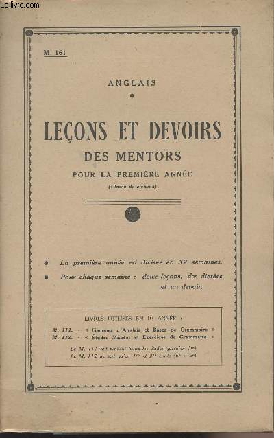 Anglais - Leons et devoirs des mentors pour la premire anne (classe de 6e) - M. 161