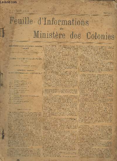 Feuille d'informations du Ministre des colonies - 2e anne n3, mai 1910- Gouvernement gnral de l'Afrique Occidentale franaise - L'Afrique occidentale franaise en 1908 - Rapport d'ensemble annuel